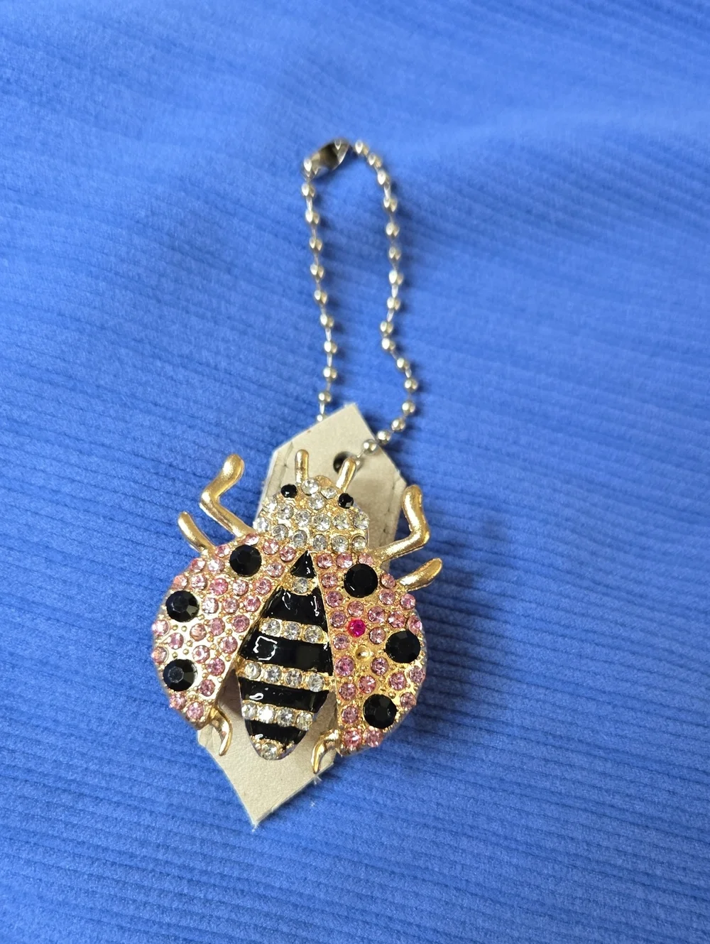 Gold-Tone Pink Crystal Ladybug Keychain with Black Accents